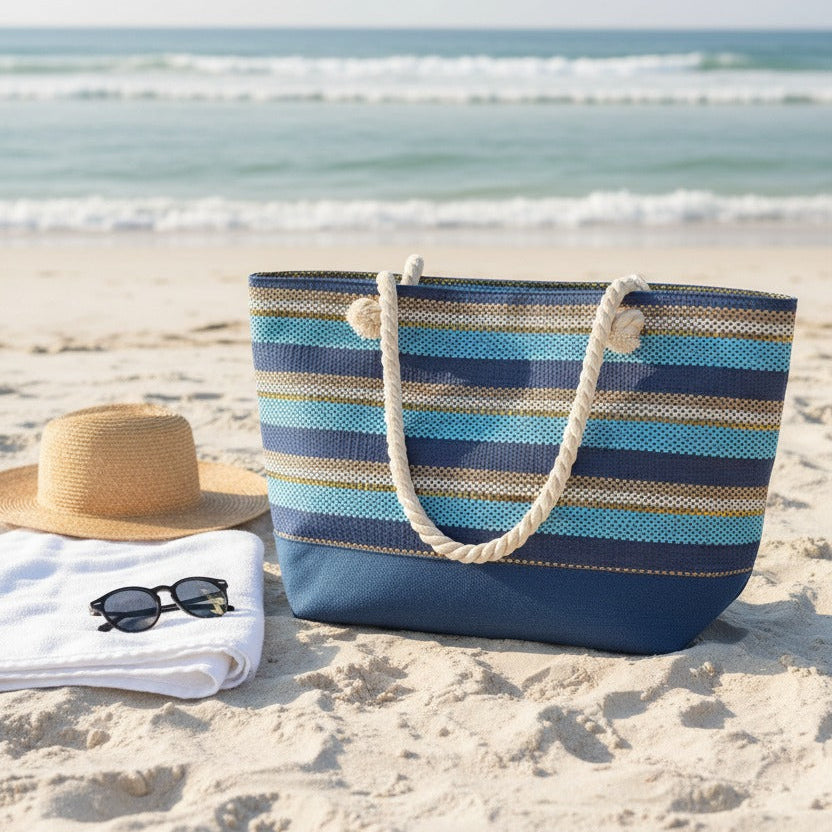 Striped beach bag on a sandy beach with ocean view
