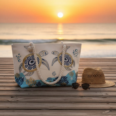Beach bag with turtle design on a sandy beach