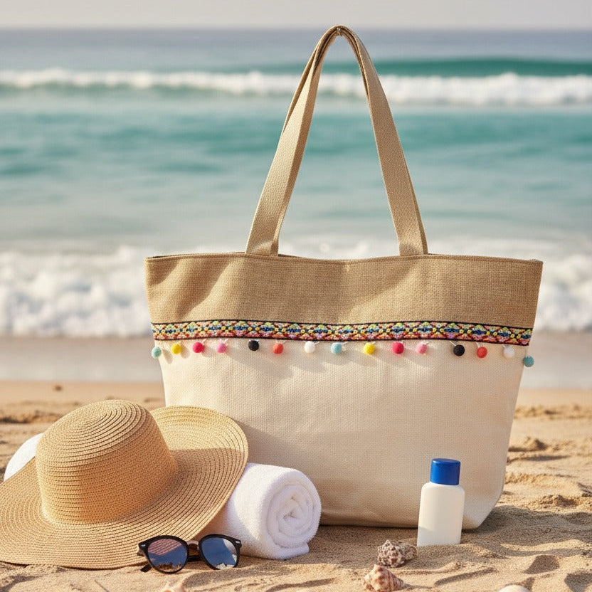 Beach bag with colorful pom-poms, sun hat, sunglasses, towel, and bottle on sand with ocean background