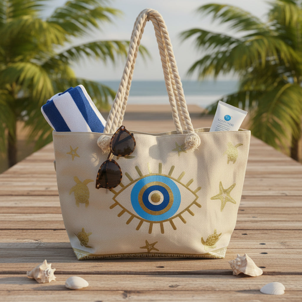 Beach bag with eye design on sand by the ocean