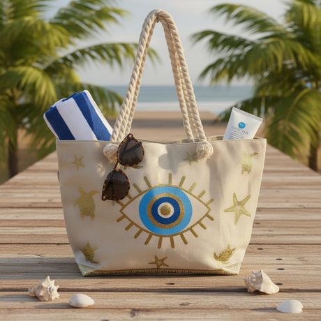 Beach bag with eye design on sand by the ocean
