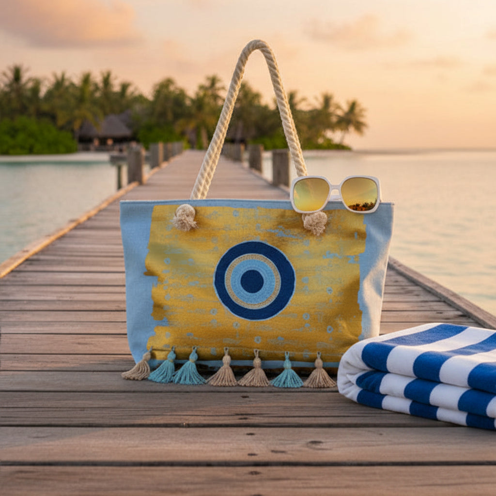 Tote bag with a blue and yellow design on a wooden dock by a body of water.