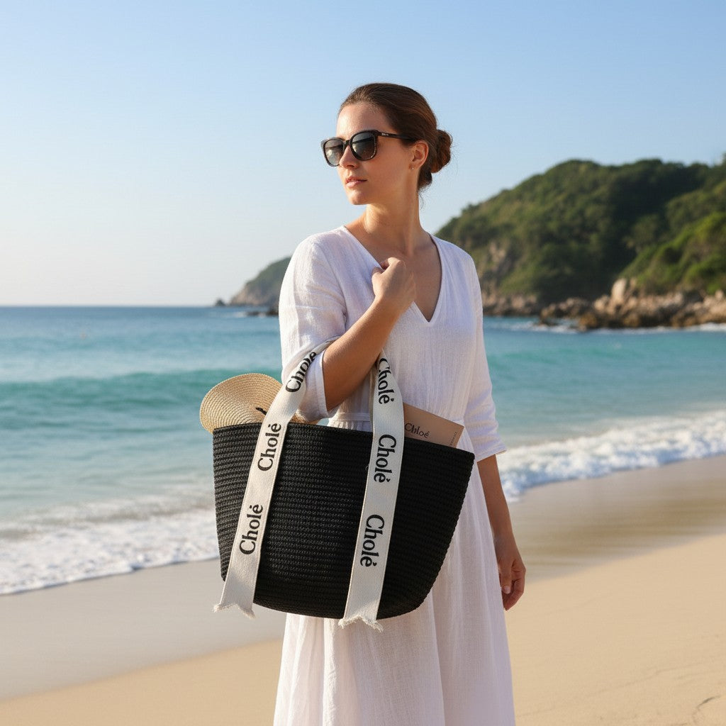 Woman holding a black bag with 'Chloé' branding on a beach.