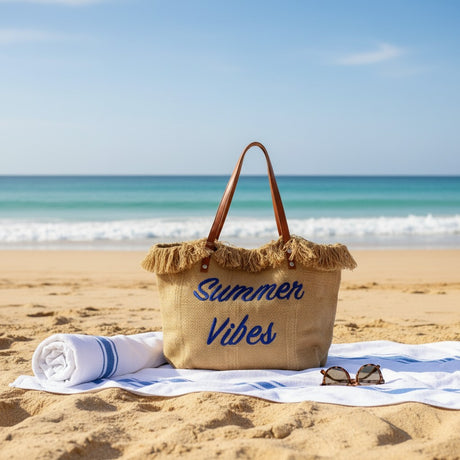Beach bag with 'Summer Vibes' text on a sandy beach with ocean view