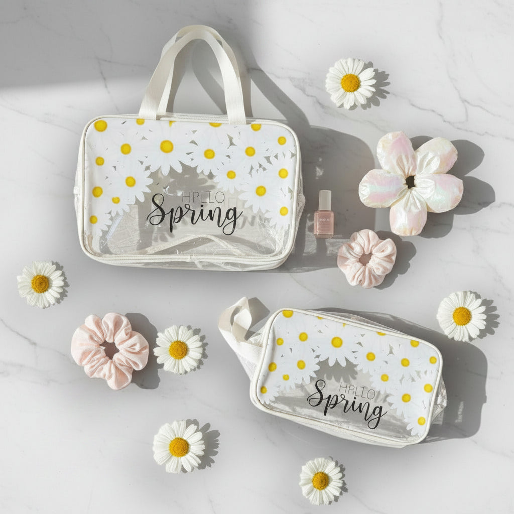 Two clear pouches with floral designs and 'Hello Spring' text, surrounded by flowers on a light background.