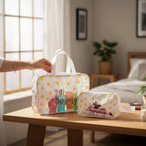 Clear polka dot bags with 'Spring' text on a wooden table in a bedroom setting.