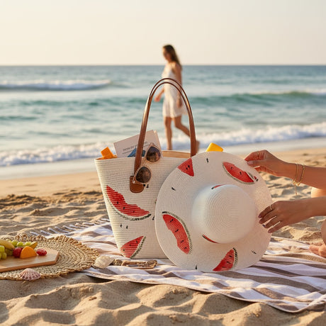 Beach scene with a straw bag, sun hat, and snacks on a towel, with a person in the background.
