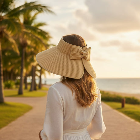 Woman wearing a large sun hat with a bow, standing on a path by palm trees with a sunset in the background.