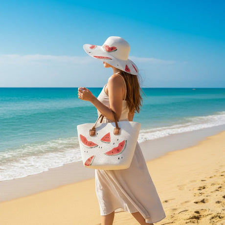 Woman on a beach holding a tote bag with watermelon design, wearing a sun hat.