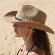 Woman wearing a straw hat on a beach with ocean and palm trees in the background