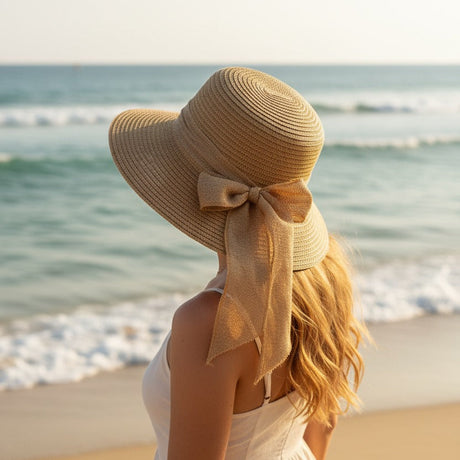 Woman in a white dress and straw hat with a bow standing on a beach.
