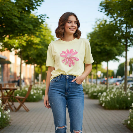 Light green t-shirt with pink floral design on a dark surface