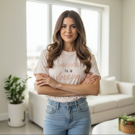 T-shirt with 'Success is a decision' text on a black surface