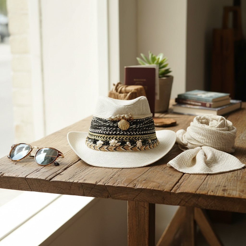 White hat with decorative band, sunglasses, and small bag on a wooden table.