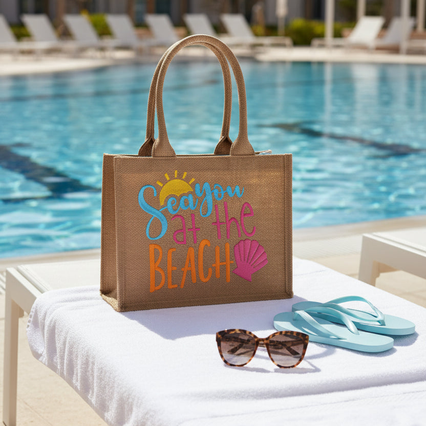 Jute bag with 'Seeya at the Beach' text and beach-themed design on a wooden surface.