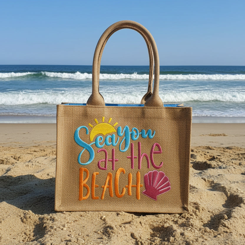 Woven bag with 'See you at the Beach' text and sun design on a wooden surface.