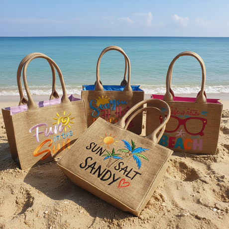 Set of jute bags with beach-themed designs on a tiled floor.