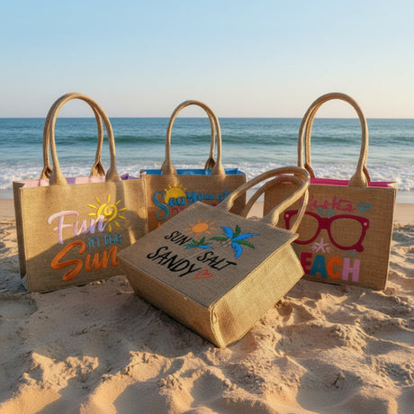 Jute bags with colorful text and designs on a tiled floor.