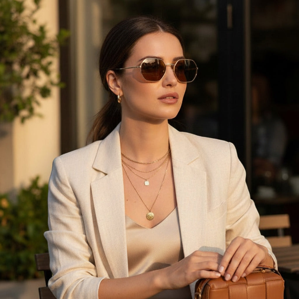 Woman sitting outdoors with sunglasses, holding a brown handbag, and wearing a beige blazer.