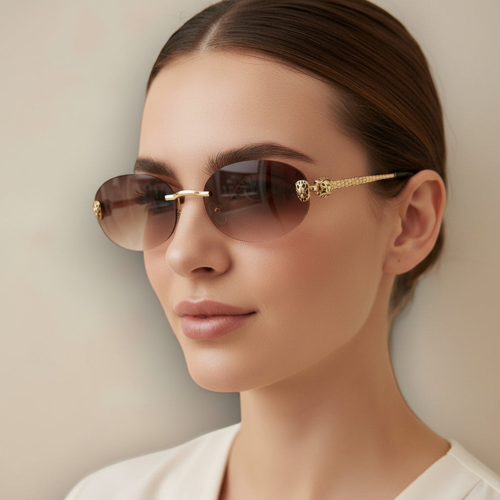 Woman wearing sunglasses with a neutral background