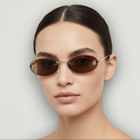 Woman wearing a pair of sunglasses with a neutral background