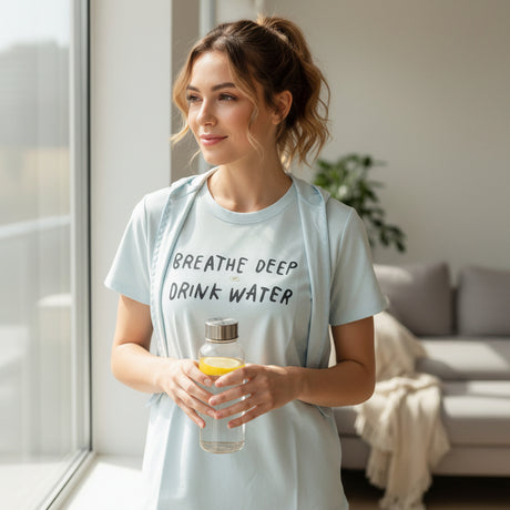 Blue Tshirt with the text "Breathe  deep drink water" worn by a woman holding a bottle in the living room