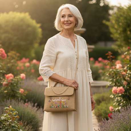 Woven handbag with floral embroidery and text on a neutral background