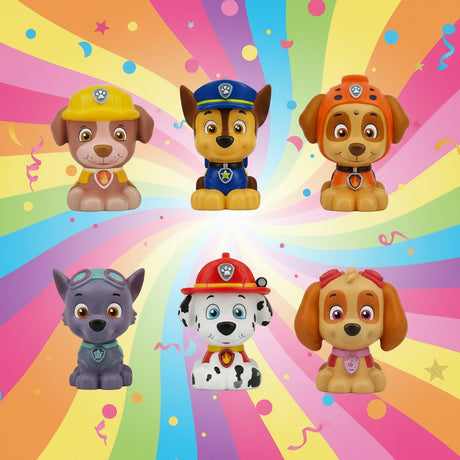 Six dog figurines in colorful outfits on a rainbow background