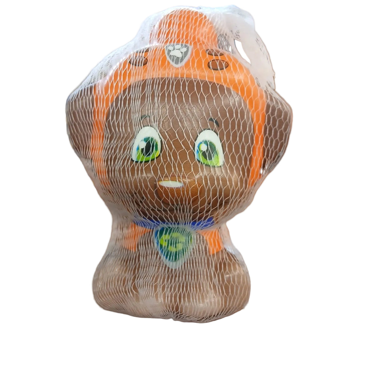 Animated character made from a mesh bag with orange hair and green eyes on a wooden surface.
