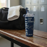 Blue water bottle with 'Sprit' branding on a white surface in a store setting
