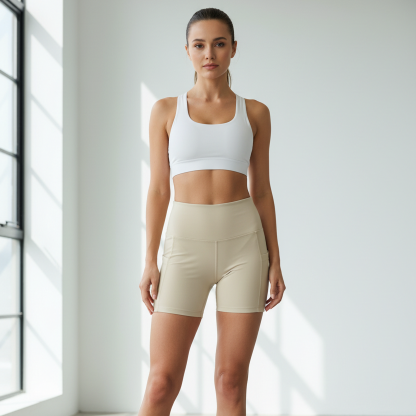 Woman wearing a white sports bra and beige shorts in a bright room.