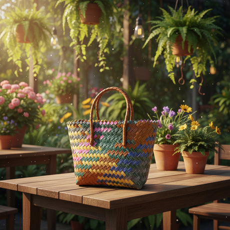Multicolored woven bag on a wooden table surrounded by flowers and plants
