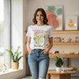White t-shirt with a graphic design on a dark surface