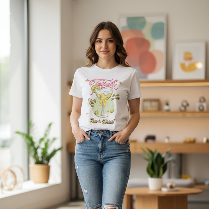 White t-shirt with a graphic design on a dark surface