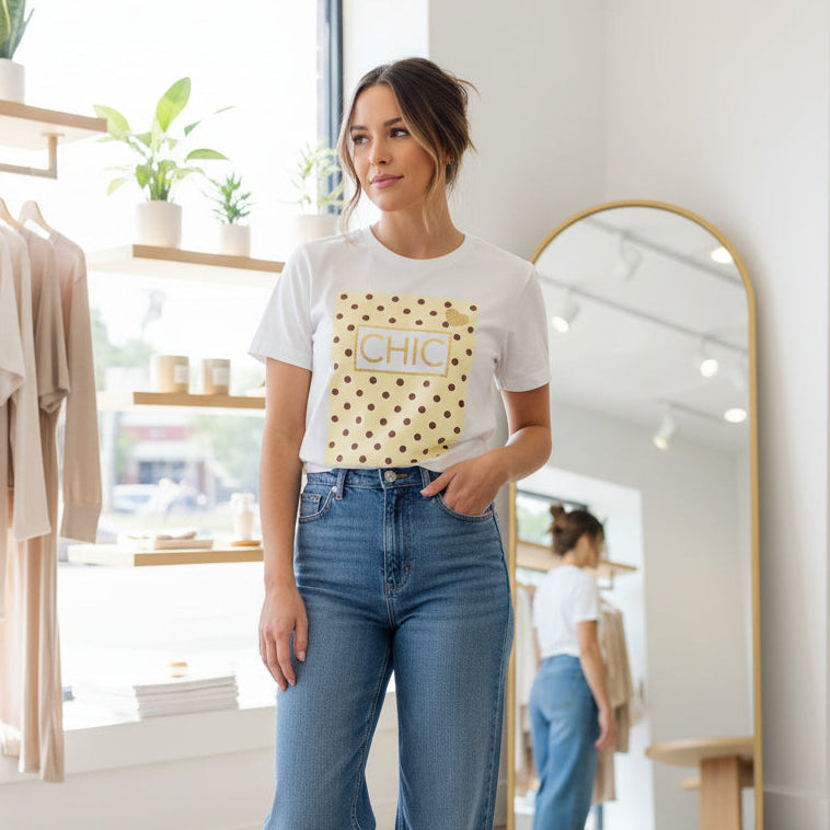 White t-shirt with yellow polka dot design and 'CHIC' text on a dark surface