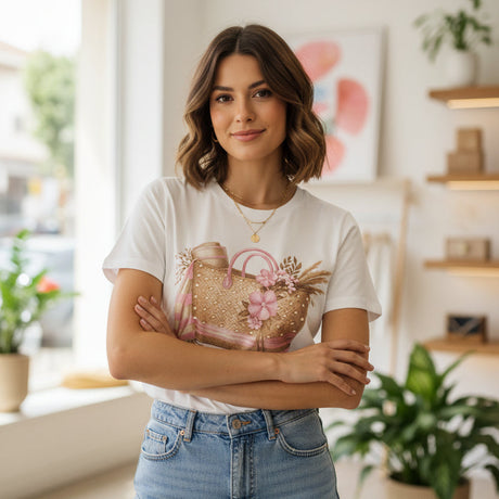 White t-shirt with a graphic of a pink boot and flowers on a dark background