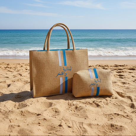 Woven bags with blue stripes held by a hand in a store setting
