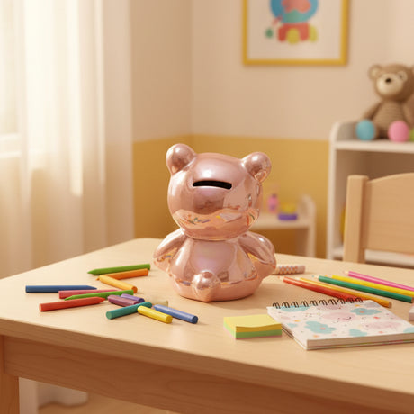 Pink ceramic piggy bank shaped like a cat on a white surface with a store shelf in the background.
