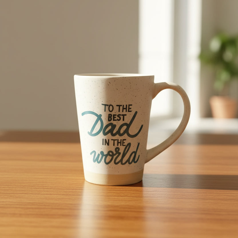 Mug with 'To the best dad in the world' text on a store shelf.