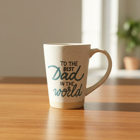 Mug with 'To the best dad in the world' text on a store shelf.
