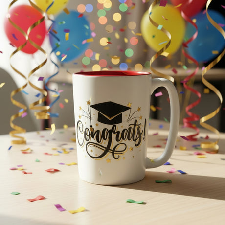 Graduation-themed mug with 'Congrats!' text on a store shelf.