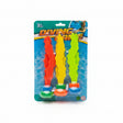 Packaged diving toys with red, yellow, and green colors on a white surface.
