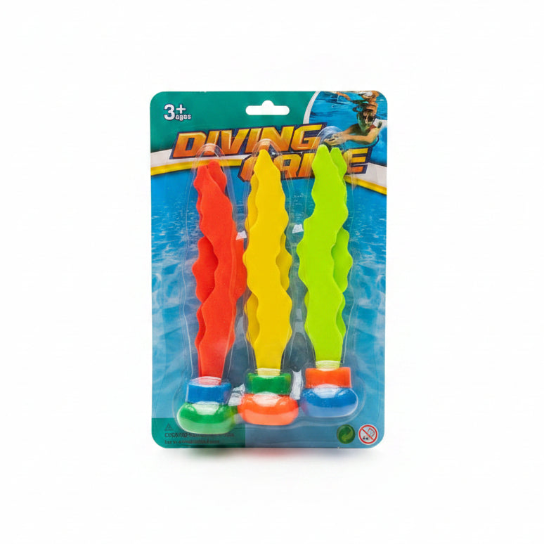 Packaged diving toys with red, yellow, and green colors on a white surface.