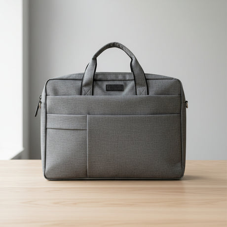 Gray bag held by a hand in a store setting