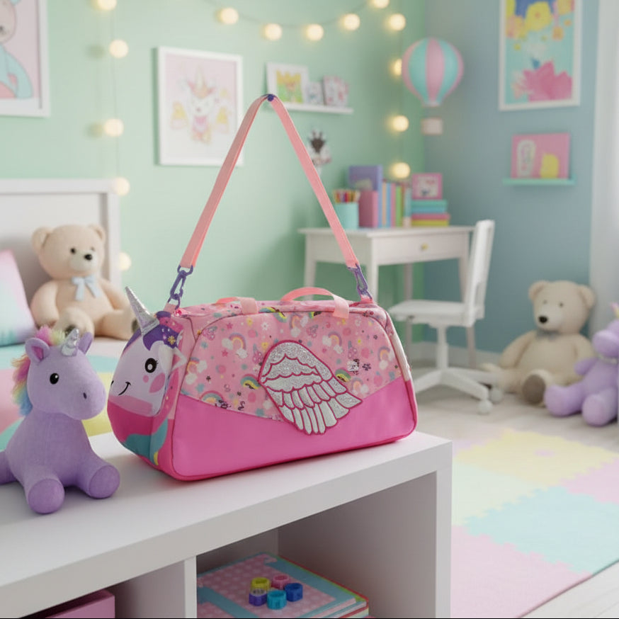 Pink children's bag with a unicorn design held above a store shelf.