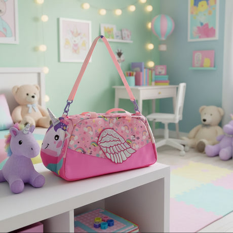 Pink children's bag with a unicorn design held above a store shelf.