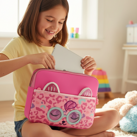Child with a pink animal-themed lunch bag in a bright room