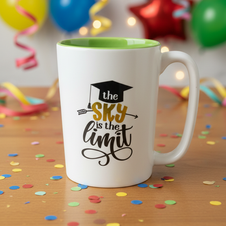 White mug with green interior, 'The sky is the limit' text, colorful confetti and balloons in the background