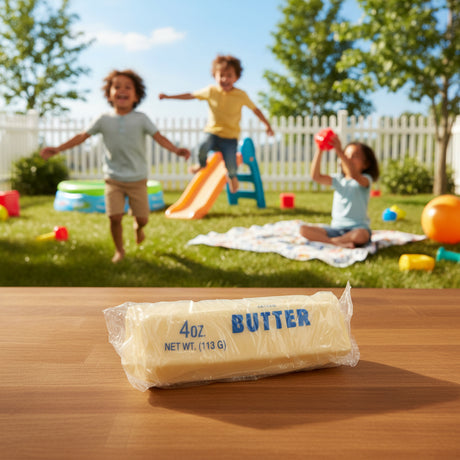 Butter bar on a wooden surface with children playing in the background