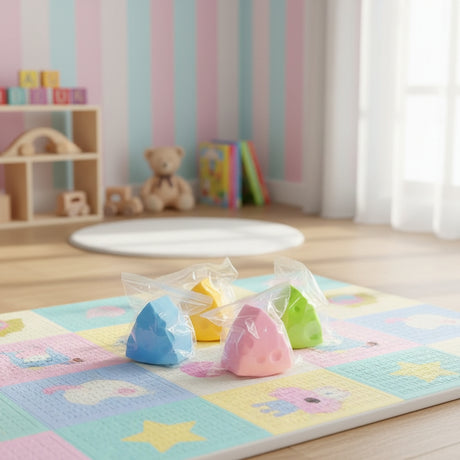 Colorful play mats with geometric shapes on a child's play area.